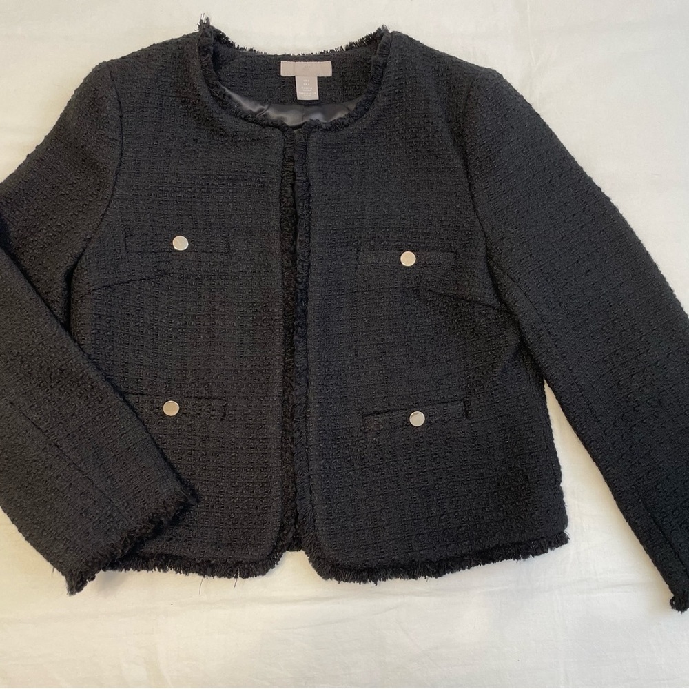 H&M -BLACK WOVEN TEXTURED BOUCLE OPEN FRINT JACKET-NWOT